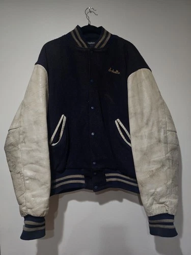 Vintage Holloway Jacket Mens Large Blue Wool Leather Varsity St Francis HS - product listing photo