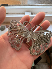 Large Vintage Silver Tone Butterfly Rhinestone Barrette