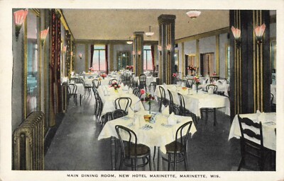 #ad Main Dining Room New Hotel Marinette Marinette Wisconsin WI c1920 VTG PC $4.94
