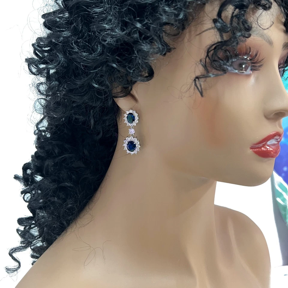 Orecchini da Donna Fiori Grandi pl. Oro Bianco 18K Cristalli Zirconi Blu R/03 - Immagine 2 di 4