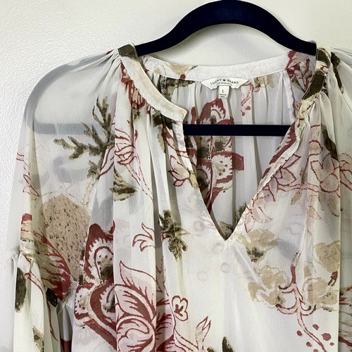 Lucky Brand Beige Floral Print Long Sleeve Flowy Boho Blouse Size L - Picture 2 of 5