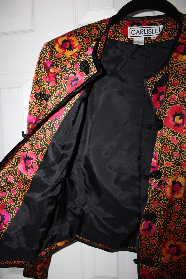 Conjunto Blazer Traje Falda Vintage Carlisle 100% Seda Floral Negro Dorado Rosa Talla 14 Foto 3 de 4