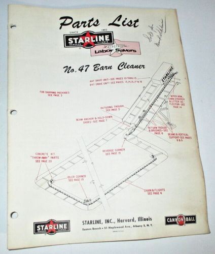 Starline No. 47 Barn Cleaner Parts Catalog Manual Book ORIGINAL! 8/64 ...