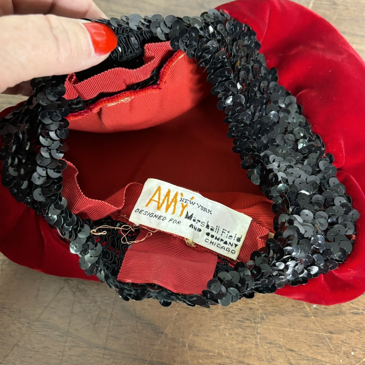Amy New York Hat Womens Red Velvet‎ with Black Sequins Vintage Holidays Vintage Amy New York Hat Womens Red Velvet with Black Sequins  main image 4
