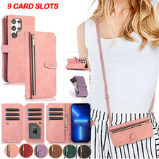 9 Card Slots Women Leather Zipper Wallet Case Card Holder Cover Crossbody Strap
