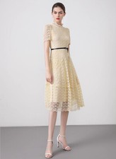 Women's High-neck Puffy Lace-trimmed Belted Cotton Midi Dress in Cream AUS STOCK