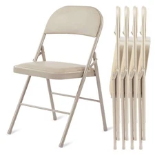 4 Pack Folding Chairs with Leather Padded Cushion Seats Indoor Outdoor Kahki