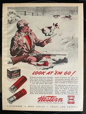 1945 Western Xpert Super-X Shotgun Shell Print Ad Rabbit Hunting w Dog in Snow