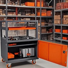 3-Tier Tool Cart w/ Door Cabinet, Pull-Out Tray & Top Shelf - Heavy Duty Rolling