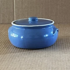 Antique Blue Stoneware Pottery Bean Pot With Lid Marked On Bottom 529