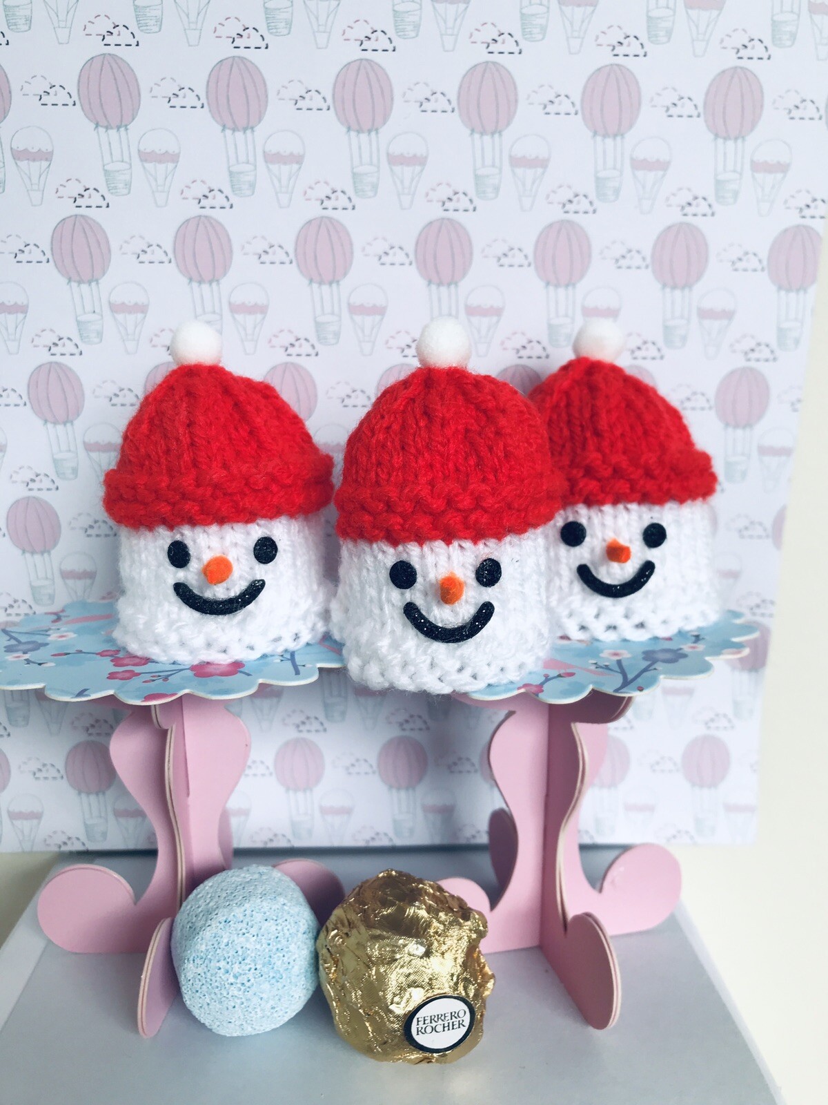3 hand knitted Christmas Snowmen Ferrero Rocher /Mini Bath Bomb Covers ...