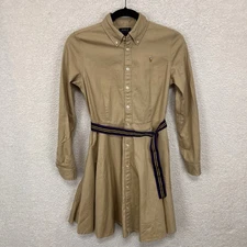 Polo Ralph Lauren Chino Shirt Dress Girls 16 Tan Belted Cotton Fit & Flare