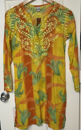 Raj Embroidered Beach Swimsuit Coverup Long Sleeve Tunic S Multi Color Boho Dres