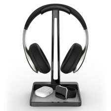Premium Tall Headphone Stand With Gray Silicone Tray Liner Headset Holder