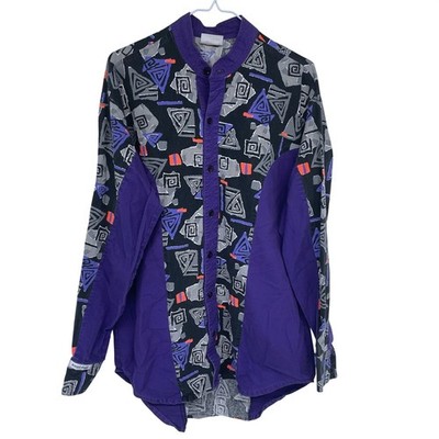 Vintage 80s 90s Rodeo Ragz Crazy Geometric Western Button Shirt Large Purple