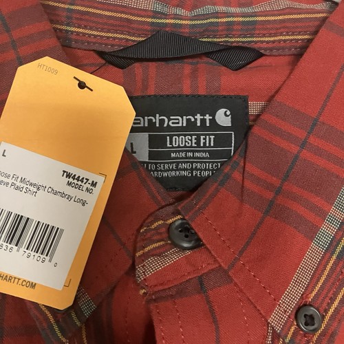NWT Carhartt Shirt Mens Large Red Plaid Chambray Loose Fit Long Sleeve Midweight - Picture 8 of 9