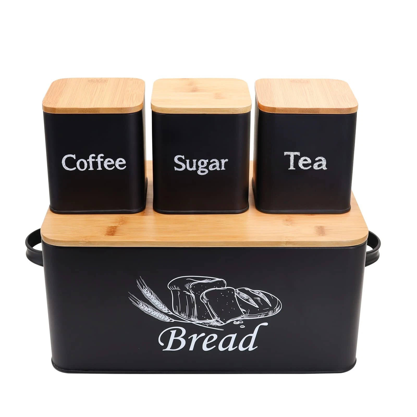 Bread Box with 3pcs Jars Coffee Sugar Tea for Kitchen Countertop White Metal ...