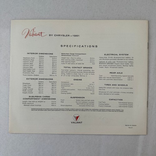 1961 Valiant By Chrysler Car Automobile Sales Brochure Catalog Advertising - Picture 5 of 5