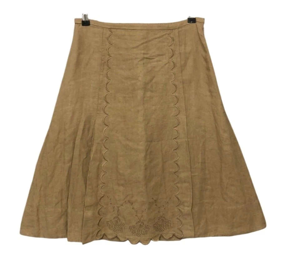 J. Jill 100% Linen Skirt Size 14P Latte Embroidered Hem Light Boho A-Line