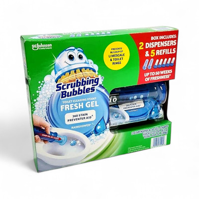 Scrubbing Bubbles Toilet Cleaning Gel, Rainshower, 2 Dispensers + 30 Gel Stamps