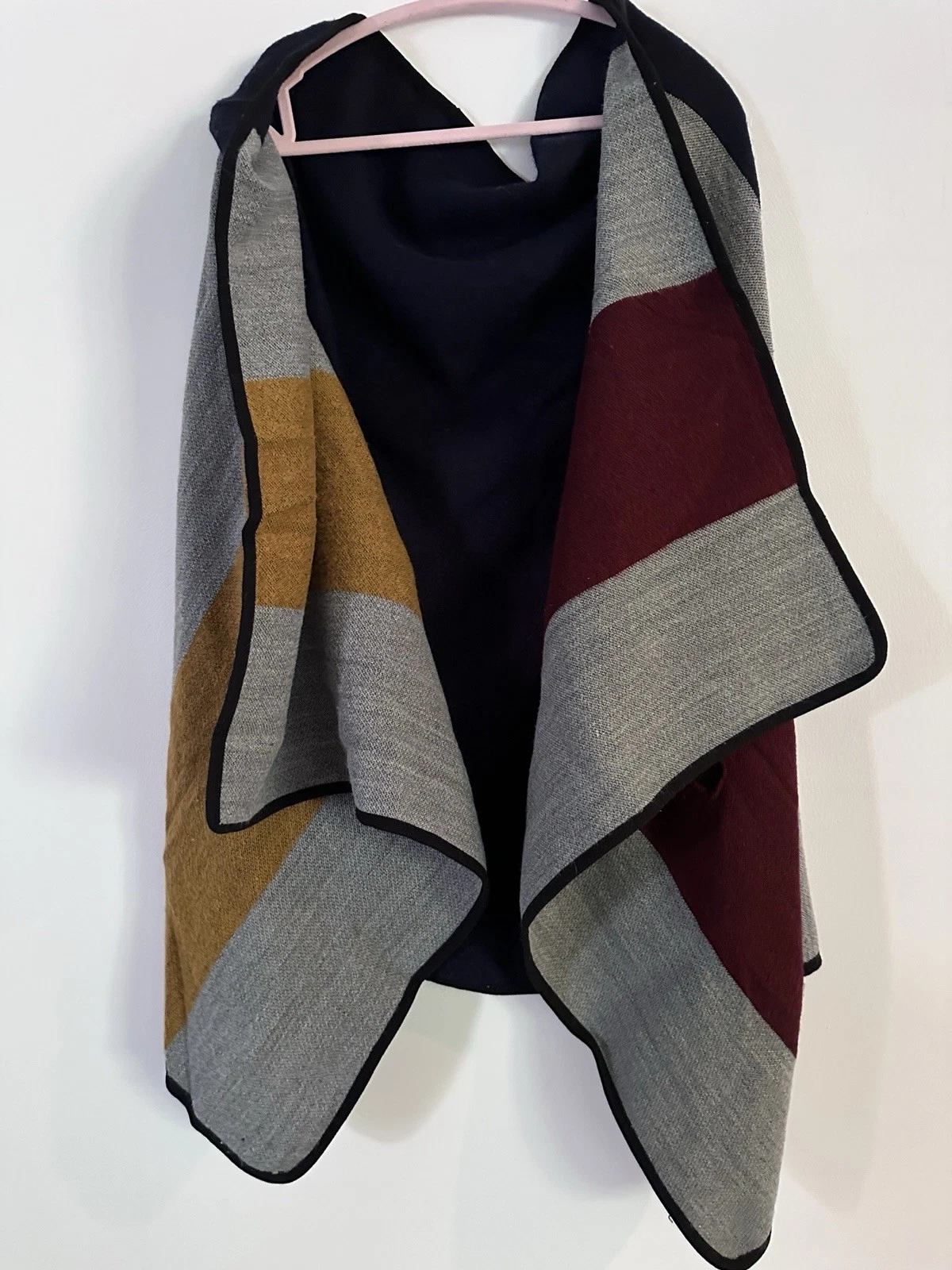 ASOS Poncho Jacket OS Navy, Gray, Gold & Burgundy Color Block Silt Arm Openings