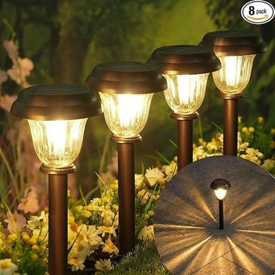 8 Pack Solar Lights Outdoor, Stainless Steel Glass Solar Pathway Lights, Auto...