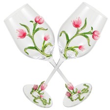 2 Pcs High Foot Glass Wineglasses Cups with Flower Design Stemmed