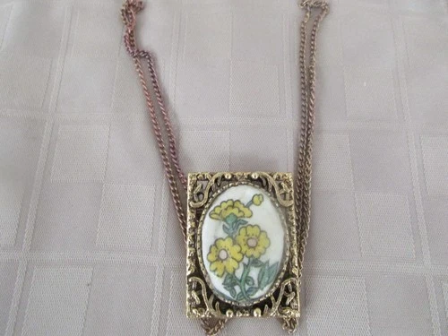 Vintage Costume Jewelry Necklace -Gold Tone With Rectangular Pendant - Flowers