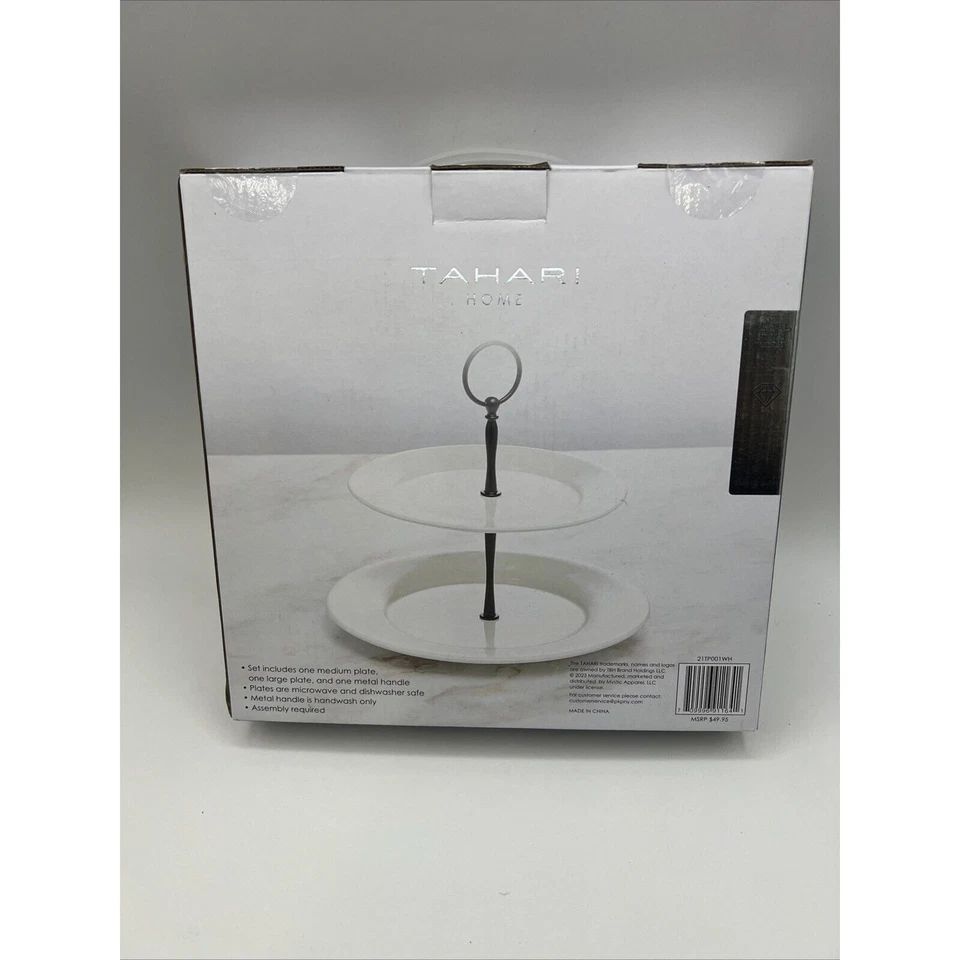 Tahari 2 Tier Porcelain Dessert Fruit Stand 10" White Kitchen Counter Serveware - Image 3 of 4