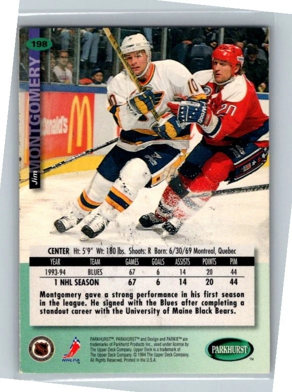 1994-95 -Jim Montgomery- Parkhurst Autograph/Signed/Auto Hockey Card #198 Blues - Image 2 of 2