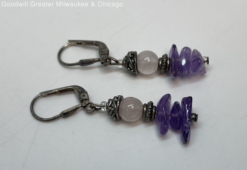 Artisan 925 Sterling Silver Rose Quartz & Amethyst Drop Earrings 4.6g