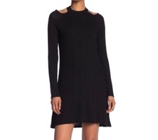 Michael Stars Ribbed Cold Shoulder Little Black Sweater Dress LBD Small S