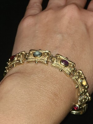 14k Gold Cabochon Bracelet, 14k Solid Toggle Lock Cabochon Bracelet  7.5 Inches