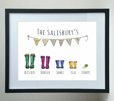 Personalised family wellies print wellington boots gift art frame pet