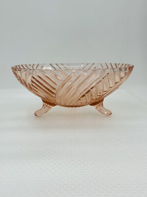 Anchor Hocking Pink Depression Prismatic Swirl 3-Footed 8.5'' Glass Bowl w/Feet