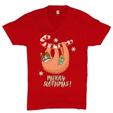 Merry Slothmas V-Neck T-shirt Christmas Sloth Candy Cane Let It Snow Tee