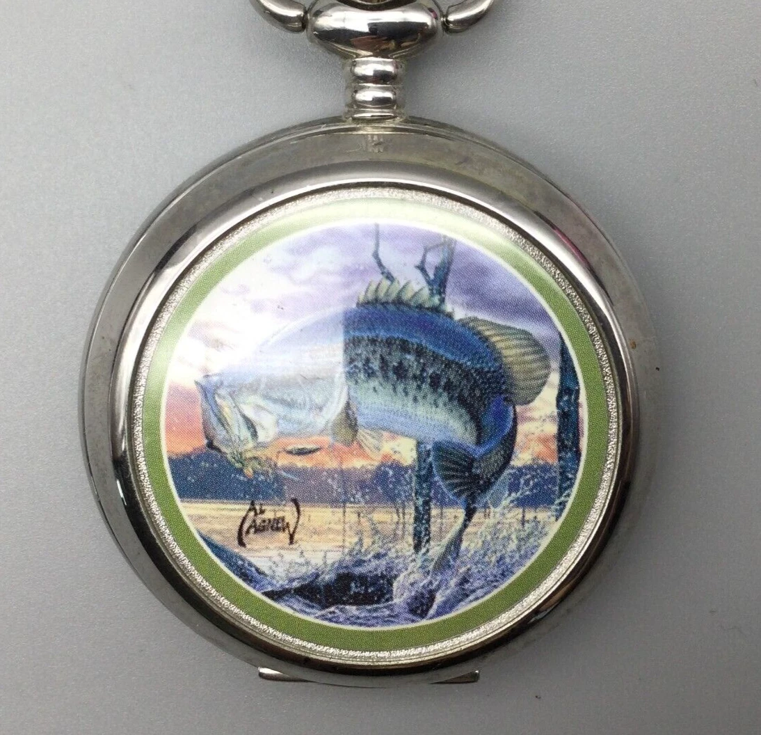Al Agnew Fishing Pocket Watch Silver Tone Round Fish 47mm New Battery a1