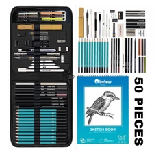 50 Pcs Professional Drawing Artist Pencils Sketch Charcoal Kit With Sketch Book