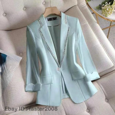 Office Lady Suit Jacket Blazer Dress Lapel One Button Rhinestone Glitter Coat