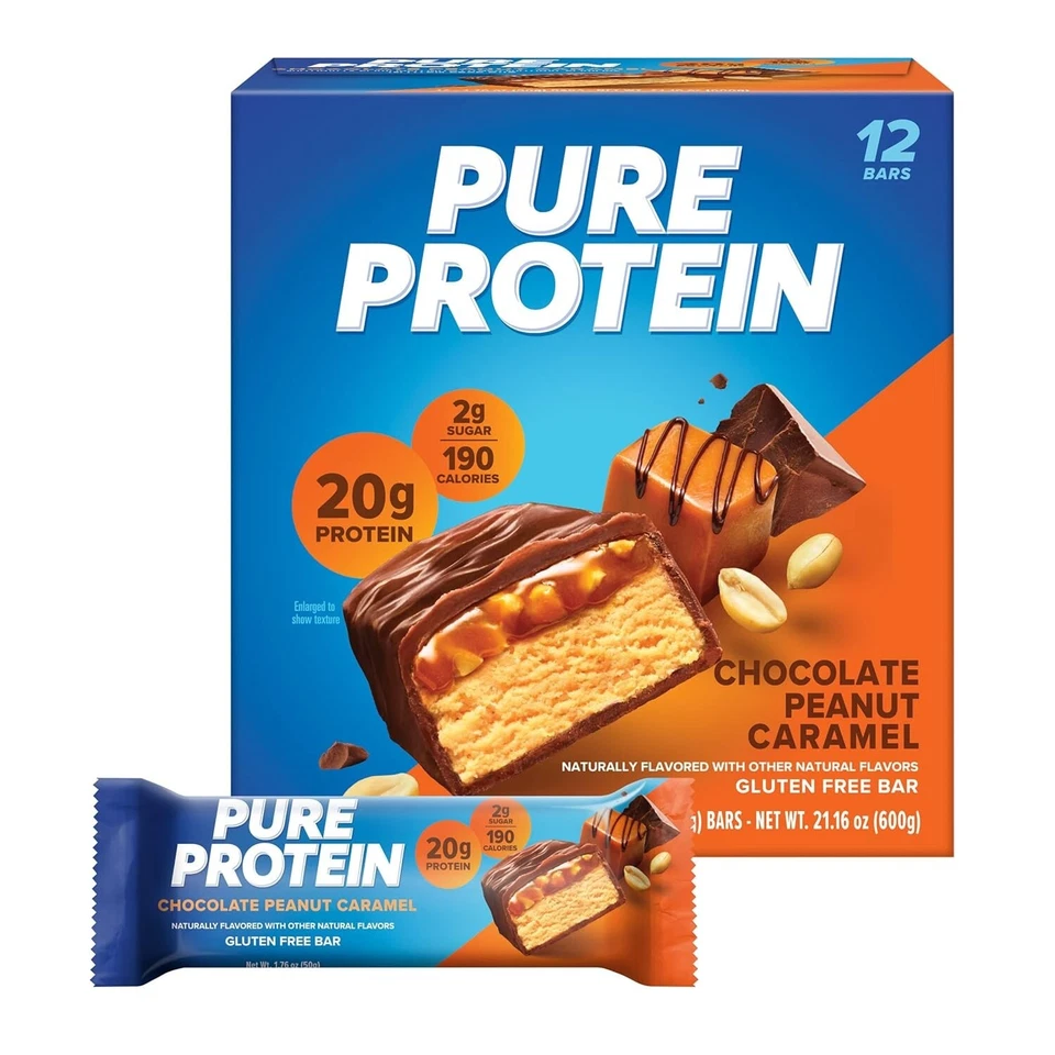 Barritas de proteína pura de chocolate y cacahuete caramelo, 20 g de proteína, 1,76 oz, 12 quilates Foto 3 de 4