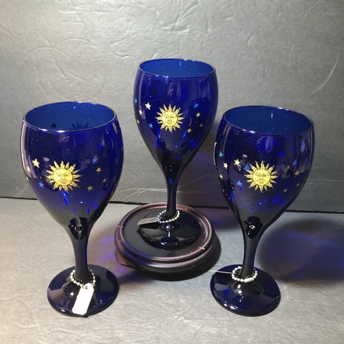 Libbey Cobalt Blue Celestial Sun Moon Stars Wine Glass Vintage USA Set of 3