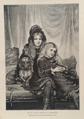 1885 Holzstich wood engraving nach Gemälde von Samuel Milton-Fisher Dackel