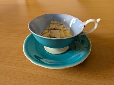 Rare Vintage Aynsley Teal Blue Clipper Ship Sailboat Boat Tea Cup and Saucer