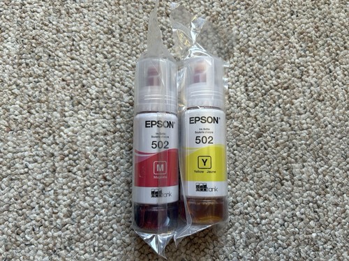 Epson 502 Eco Tank Yellow & Magenta Ink Bottles Genuine 2pk New Sealed Exp 2026 - 第 1/4 張圖片