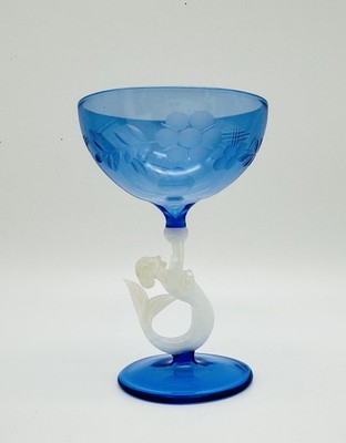 Art Deco Bimini Stil Glas Pokal mit Meerjungfrau Handgeblasen Handschliff 1920er