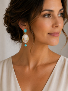 Authentic LARGE HAND CARVED CAMEO EARRINGS TURQUOISE ITALIAN STERLING SILVER GOLD PLATED