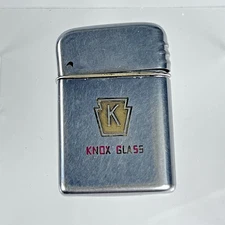 Vintage Knox Glass Advertising Lighter Silver Metal Flip Top 1950s Pocket Promo