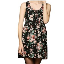 Band of Gypsies Black Floral Lace Up Babydoll Dress S Sleeveless W18-31999-Z07