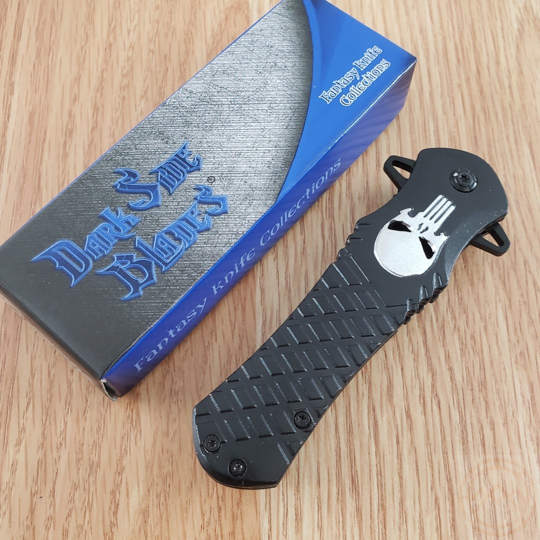 DARK SIDE BLADES Skull Punisher Black Tactical Rescue Pocket Knife
