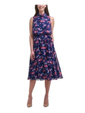 HARPER ROSE Womens Navy Belted Floral Midi Wear To Work Fit + Flare Dress 4